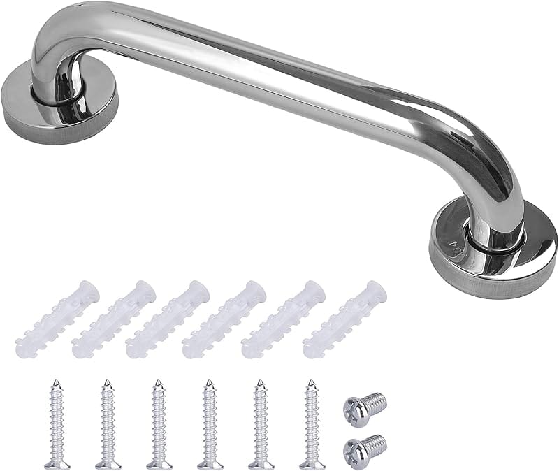 Barre d'appui coudée en inox vissée au mur d'une salle de bain