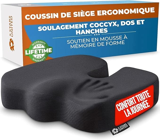 Coussin d'assise ergonomique à mémoire de forme posé sur un fauteuil