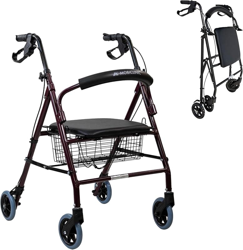 Déambulateur à quatre roues avec siège et panier