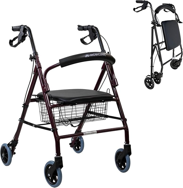 Déambulateur à quatre roues avec siège et panier