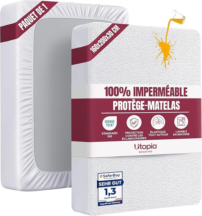 Protège-matelas imperméable en forme de drap-housse posé sur un lit