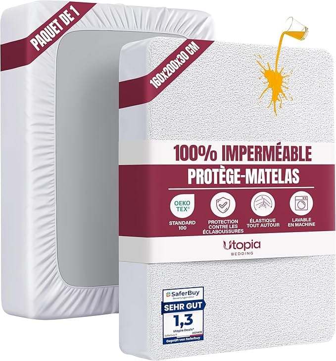 Protège-matelas imperméable en forme de drap-housse posé sur un lit