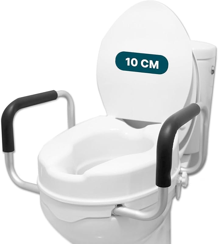 Rehausseur de toilettes avec accoudoirs relevables installé sur une cuvette